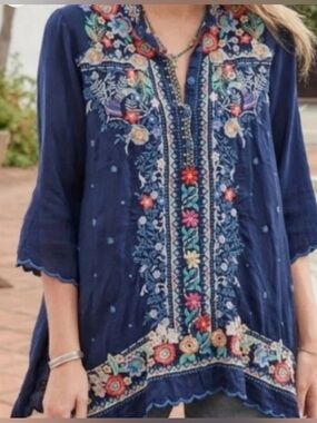 Johnny Was Navy Embroidered Floral Tunic